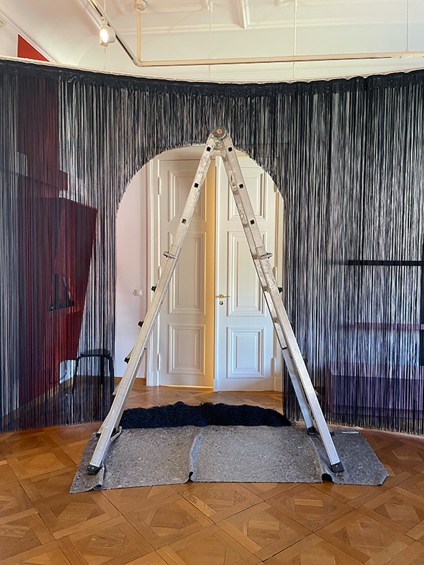 Aluminum ladder set up on gray mats in front of a white arched door with hanging strands creating a curtain effect.